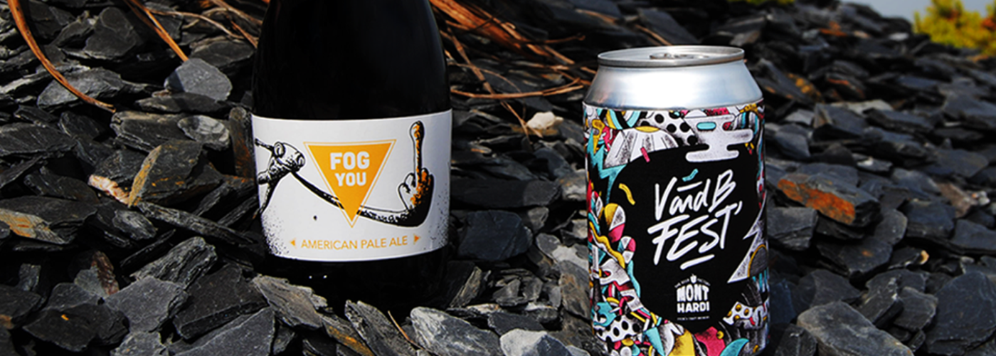 Sur cette photo figure une American Pale Ale Fog You bière Mont Hardi ainsi qu'une canette V and B fest, bière Mont Hardi - French Craft brewery !